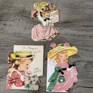 RARE Hallmark Norcross 40s? Birthday Pink Lady Girl Die Cut Used Greeting Cards